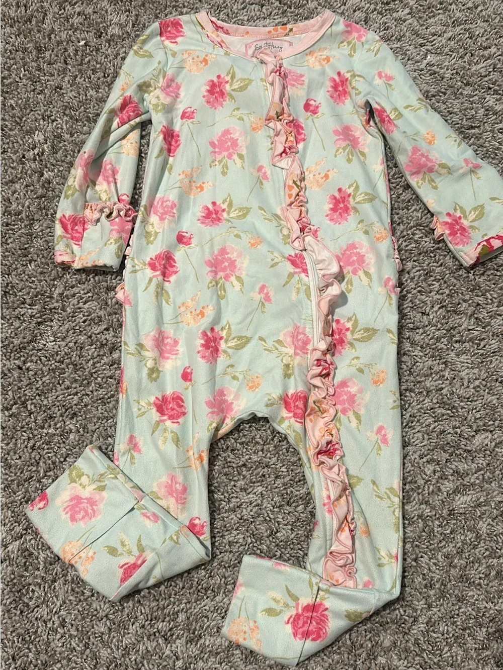 SweetHoney Mint Floral Ruffle Footed One-Piece